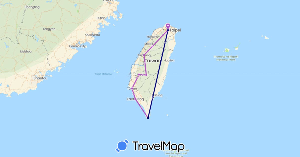 TravelMap itinerary: driving, train in Taiwan (Asia)