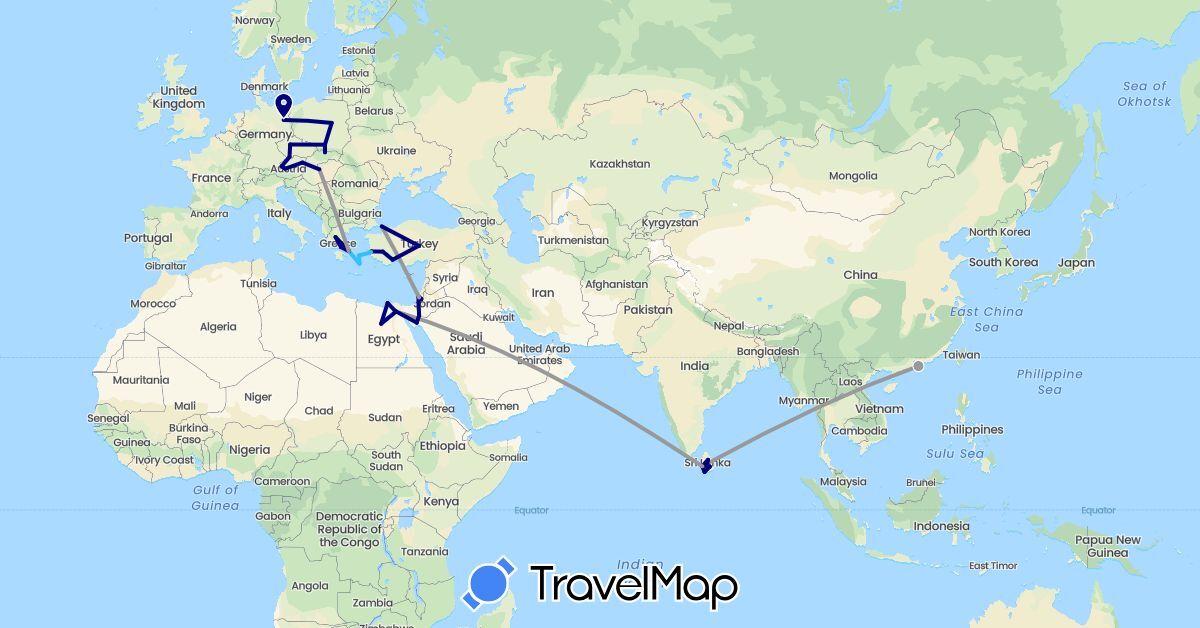 TravelMap itinerary: driving, plane, boat in Austria, Czech Republic, Germany, Egypt, Greece, Hong Kong, Hungary, Israel, Sri Lanka, Poland, Turkey (Africa, Asia, Europe)